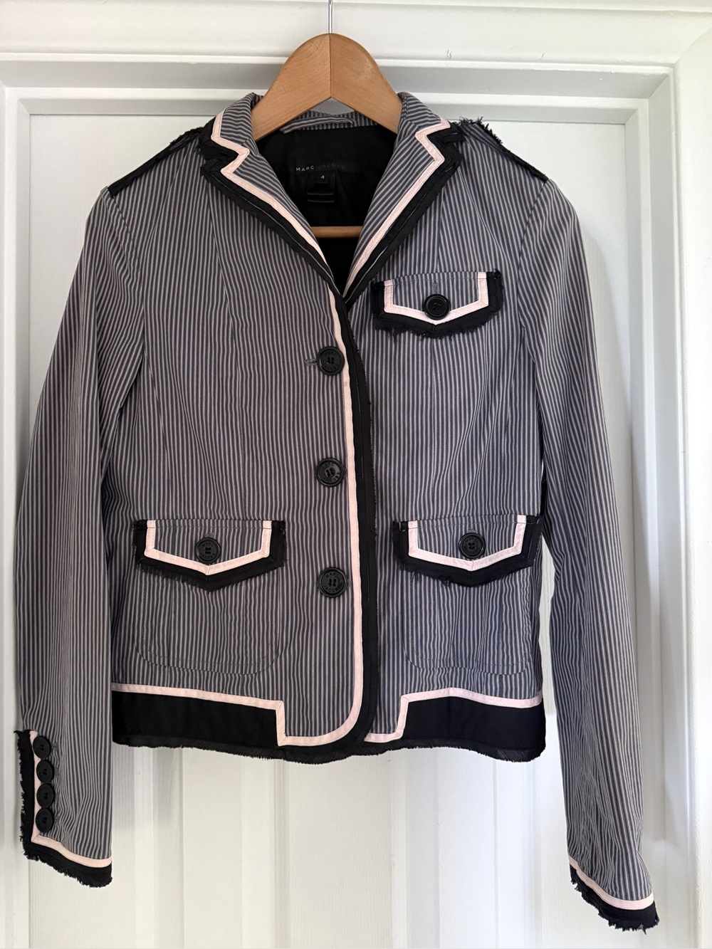 Marc Jacobs Black & White Pinstripe Blazer with Pink Trim